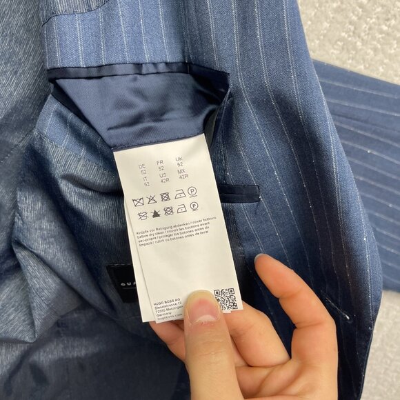 Boss Hugo Boss Jacket Mens 42 R Blue White Stripes Wool 2 Button Blazer Guabello - Picture 11 of 16